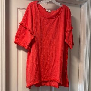 Umgee Vibrant Coral/Salmon Short Sleeve Top with Fringe